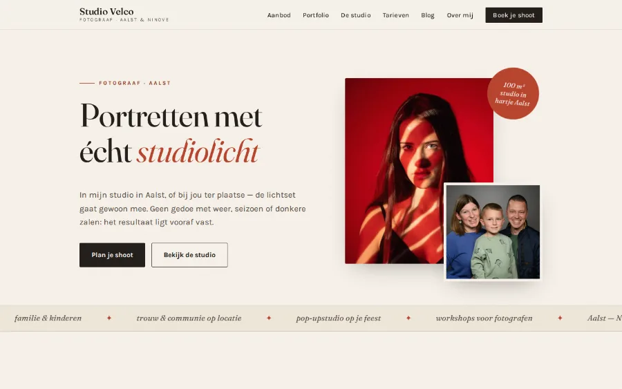 Homepage van Studio Velco, portretfotograaf met eigen studio in Aalst